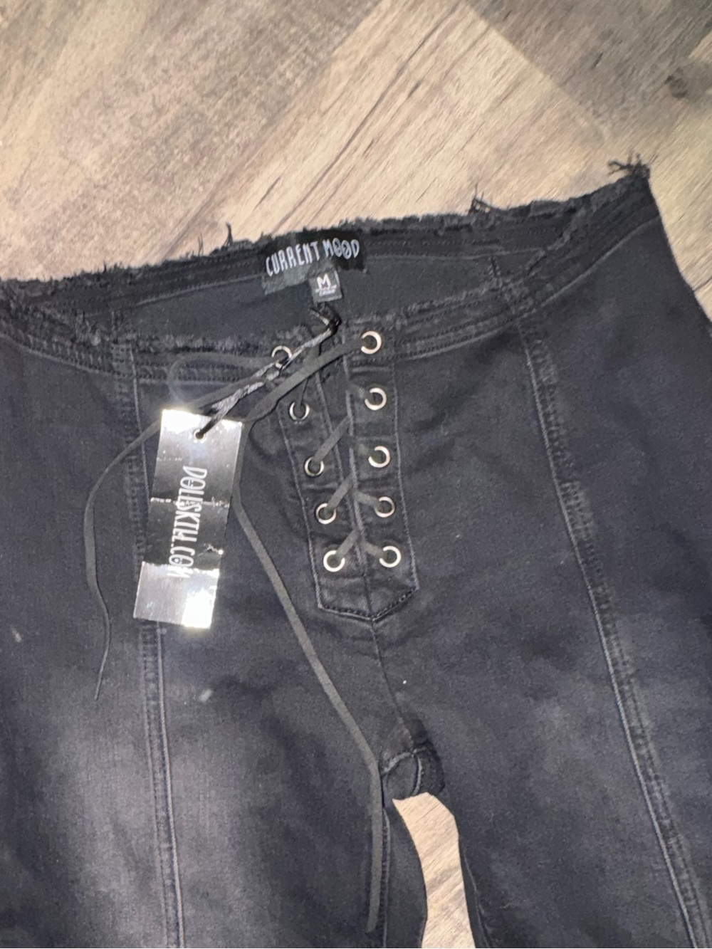 Current Mood Dolls Kill NWT Lace-Up Denim Floral Ruffle Flare Pants Medium - Picture 6 of 9